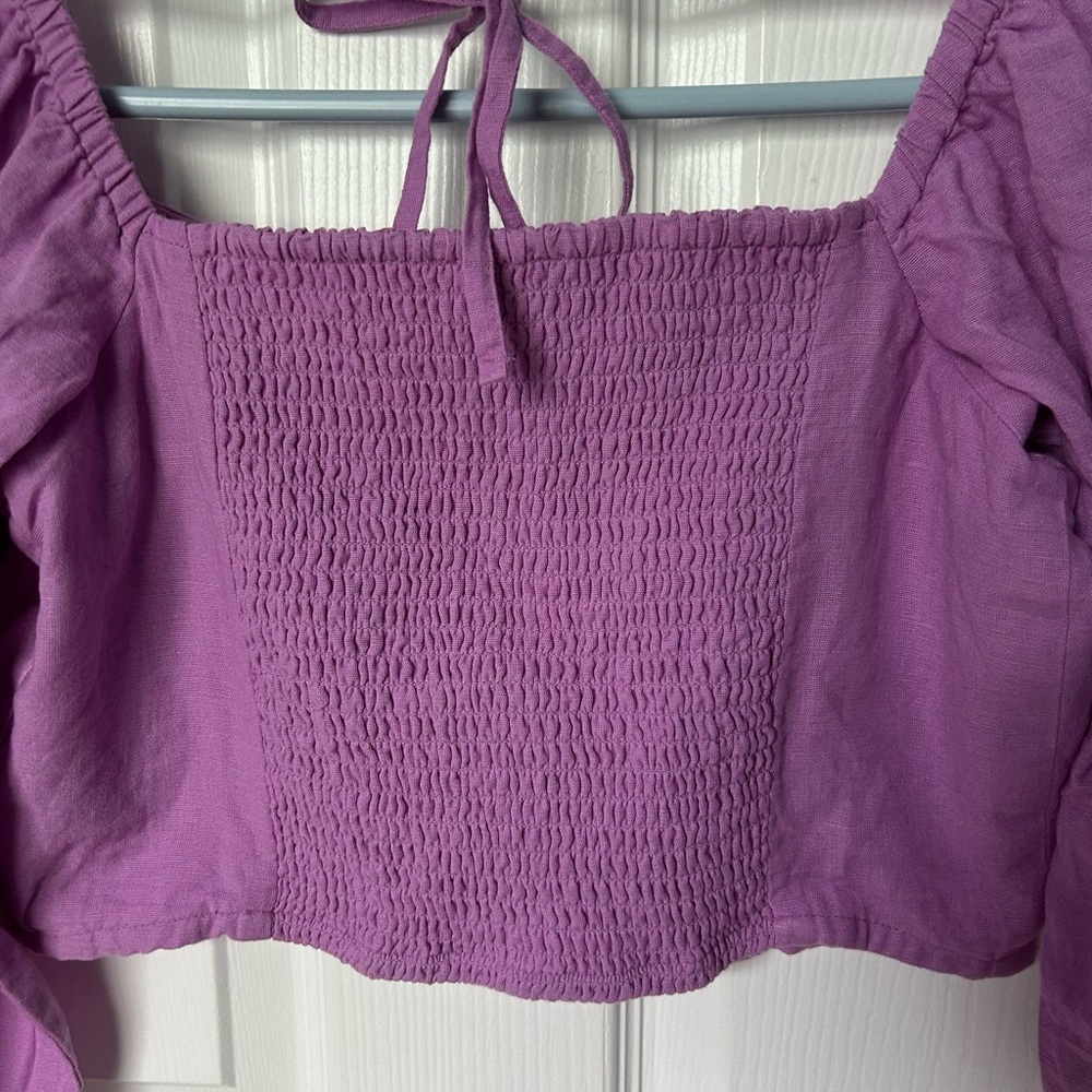 American Eagle Purple Linen Button Crop Puff Sleeve Top Size Medium - Picture 7 of 10